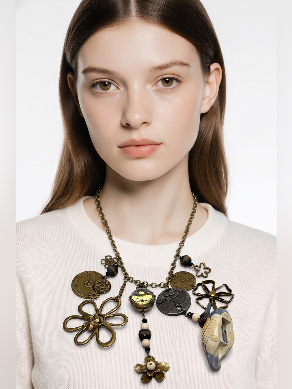 Vintage-Inspired Brass Flower Duck Watch Charm Necklace